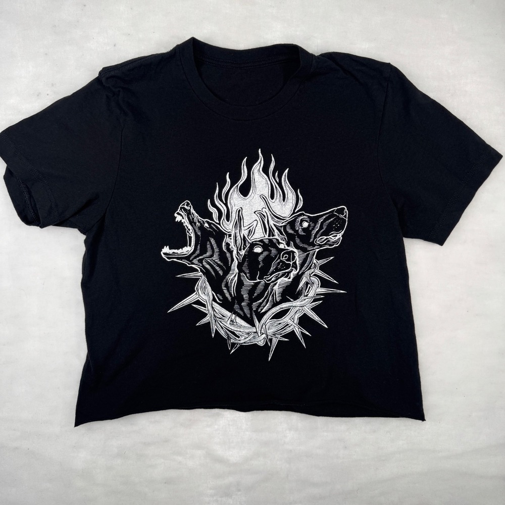 Doberman Crown of Thorns Womens Black Cropped Graphic T Shirt  Gothic Size M